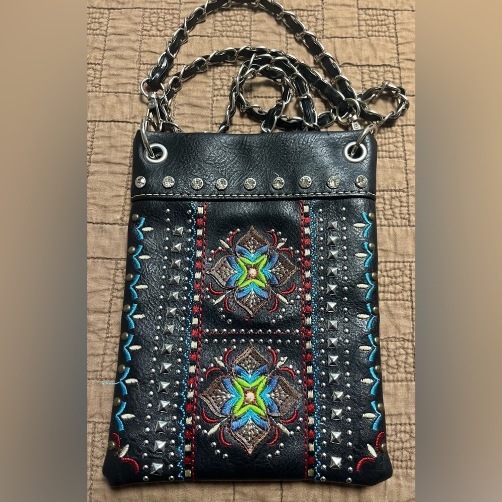 Embroidered Black Crossbody Purse with Studs Western Boho Hippie